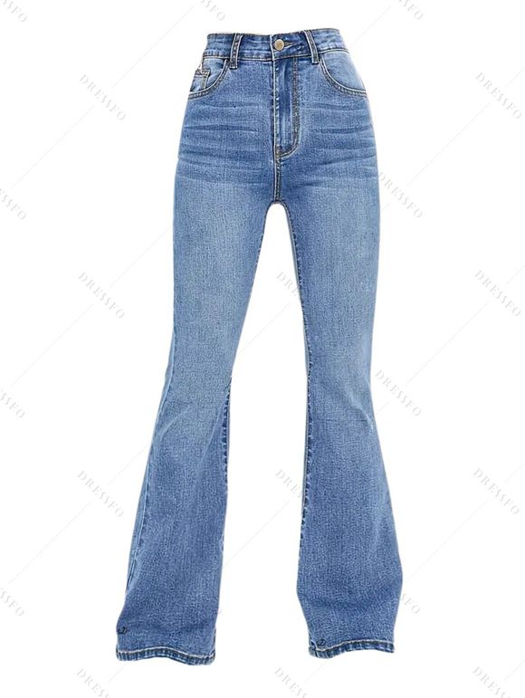 Pantalon évasé en denim avec poches, taille haute, fermeture éclair, jean délavé clair - Bleu Toile de Jean XL | US 10