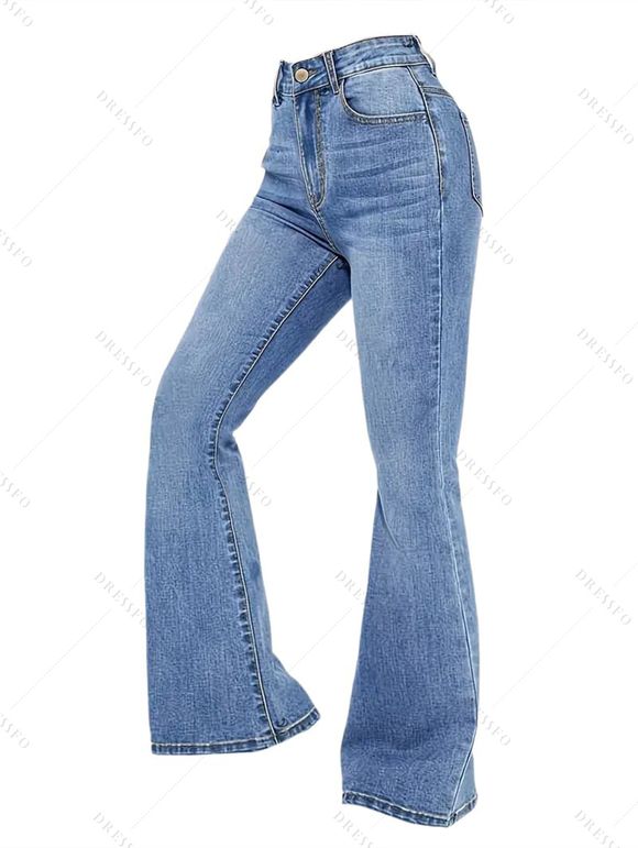 Pantalon évasé en denim avec poches, taille haute, fermeture éclair, jean délavé clair - Bleu Toile de Jean XL | US 10