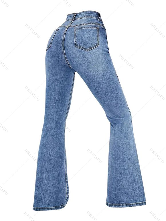 Pantalon évasé en denim avec poches, taille haute, fermeture éclair, jean délavé clair - Bleu Toile de Jean XL | US 10