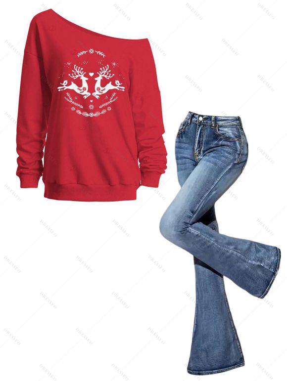 Christmas Women Outfit Elk Snowflake Heart Print Skew Neck Sweatshirt and Flare Jeans Set - Rouge S | US 4
