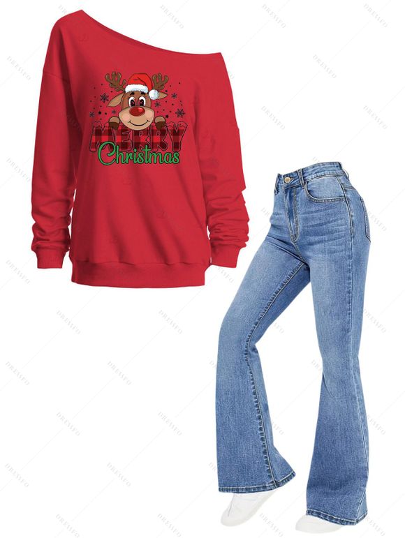 Christmas Women Outfit Elk Snowflake Print Skew Neck Sweatshirt and Flare Jeans Set - Rouge S | US 4