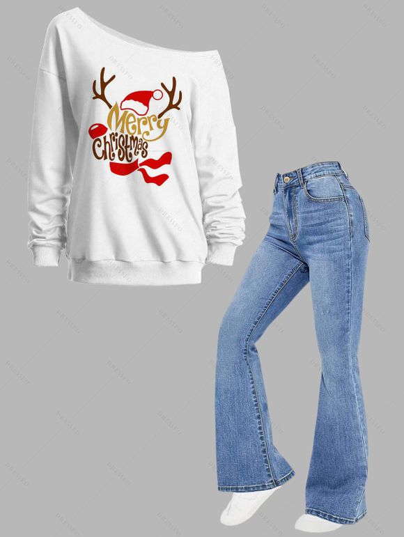 Christmas Women Outfit Elk Letter Print Skew Neck Sweatshirt and Flare Jeans Set - Blanc S | US 4