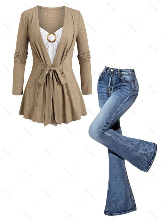 Women Outfit Colorblock Bowknot Faux Twinset Top and Flare Jeans Set - café lumière S | US 4