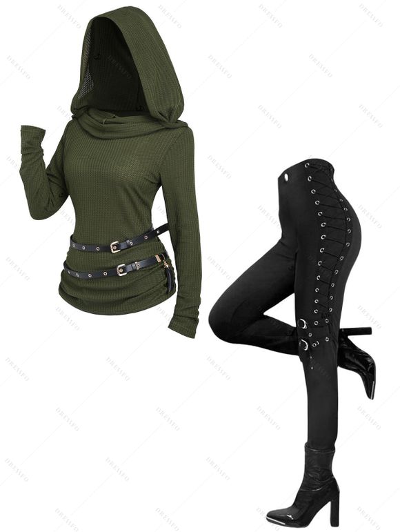 Gothic Women Outfit Textured Knitted Belt Hooded Top and Grommet Pants Set - Vert Armée S | US 4