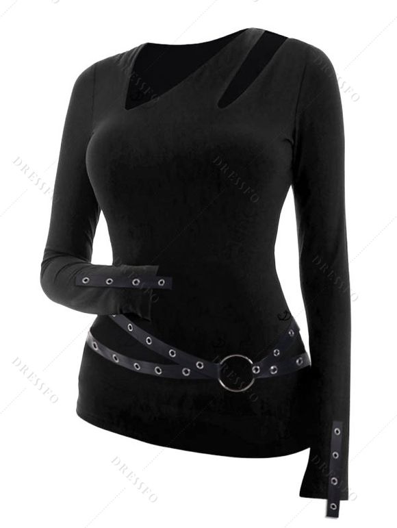 Gothic Women Outfit Solid Color O-ring Cut Out Top and Grommet Leggings Set - Noir S | US 4