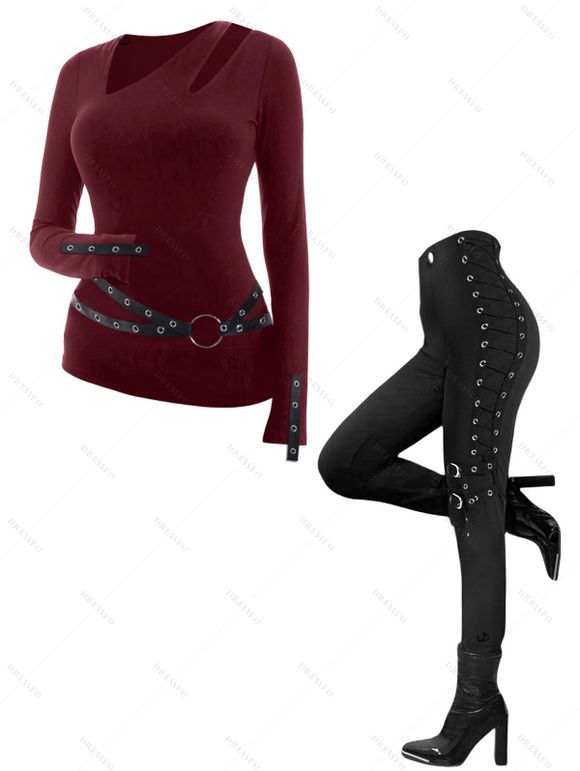 Gothic Women Outfit Solid Color O-ring Cut Out Top and Grommet Pants Set - Rouge foncé S | US 4