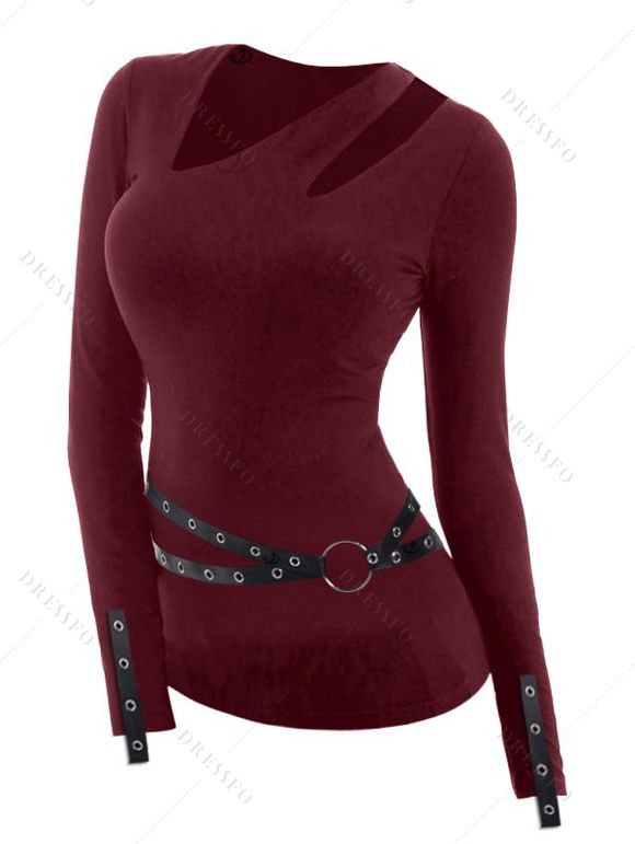 Gothic Women Outfit Solid Color O-ring Cut Out Top and Grommet Leggings Set - Rouge foncé S | US 4