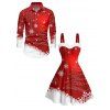 Christmas Couple Outfit Colorblock Snowflake Print Faux Fur Dress and Shirt Set - Rouge S | US 4