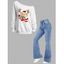 Christmas Women Outfit Elk Letter Print Skew Neck Sweatshirt and Flare Jeans Set - Blanc S | US 4