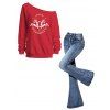 Christmas Women Outfit Elk Snowflake Heart Print Skew Neck Sweatshirt and Flare Jeans Set - Rouge S | US 4
