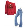 Christmas Women Outfit Elk Snowflake Print Skew Neck Sweatshirt and Flare Jeans Set - Rouge S | US 4