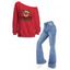 Christmas Women Outfit Elk Snowflake Print Skew Neck Sweatshirt and Flare Jeans Set - Rouge S | US 4