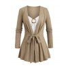 Women Outfit Colorblock Bowknot Faux Twinset Top and Flare Jeans Set - café lumière S | US 4