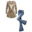 Women Outfit Colorblock Bowknot Faux Twinset Top and Flare Jeans Set - café lumière S | US 4