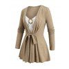 Women Outfit Colorblock Bowknot Faux Twinset Top and Flare Jeans Set - café lumière S | US 4