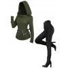 Gothic Women Outfit Textured Knitted Belt Hooded Top and Grommet Pants Set - Vert Armée S | US 4