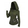 Gothic Women Outfit Textured Knitted Belt Hooded Top and Grommet Pants Set - Vert Armée S | US 4