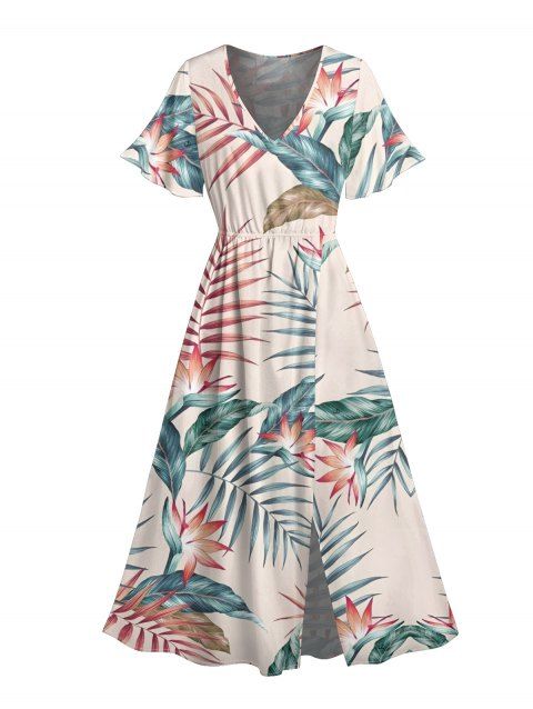 Robe de vacances à imprimé floral et feuilles, robe à manches évasées fendues