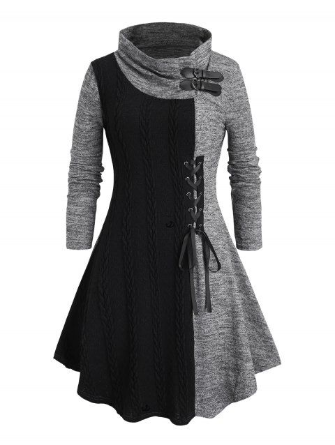 Robe à capuche en maille torsadée colorblock, robe à capuche à lacets et boucle Space Dye