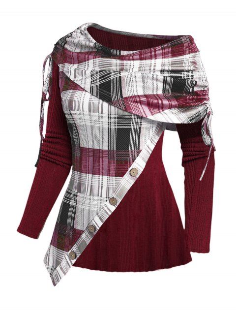 Plaid Print Panel Asymmetric Shoulder Cinched Ribbed Knit Top