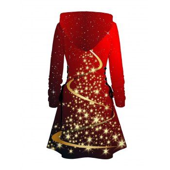 Christmas Tree Star Print Hoodie Dress Lace Up Long Sleeve Hooded Dress