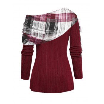 Plaid Print Panel Asymmetric Shoulder Cinched Ribbed Knit Top