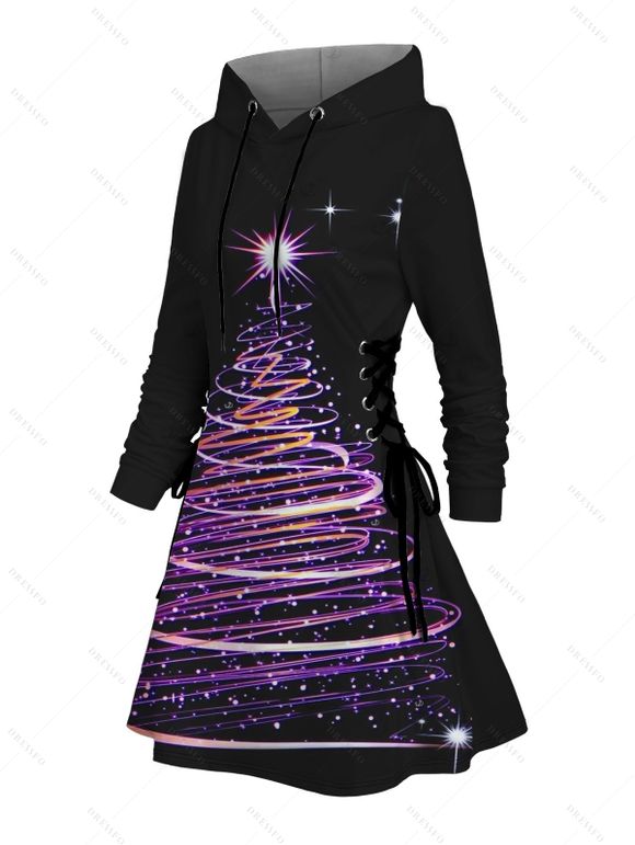 Robe à capuche à imprimé sapin de Noël et nuit étoilée, à lacets et manches longues - Noir M | US 6