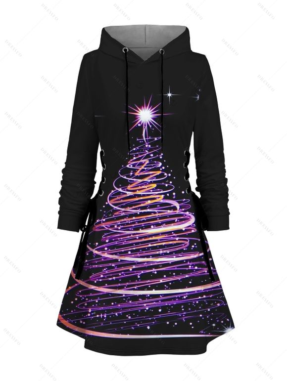 Robe à capuche à imprimé sapin de Noël et nuit étoilée, à lacets et manches longues - Noir S | US 4