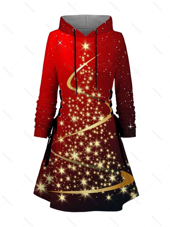 Robe à capuche à imprimé sapin de Noël et étoiles, à lacets et manches longues - Rouge Vineux XXXL | US 16