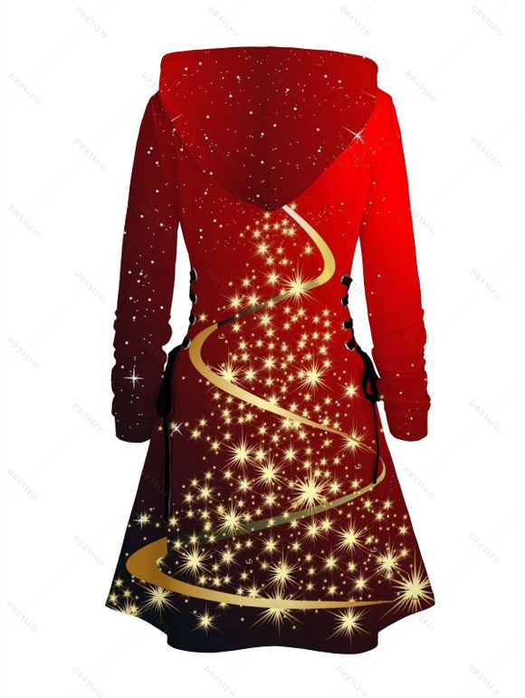 Robe à capuche à imprimé sapin de Noël et étoiles, à lacets et manches longues - Rouge Vineux XXXL | US 16