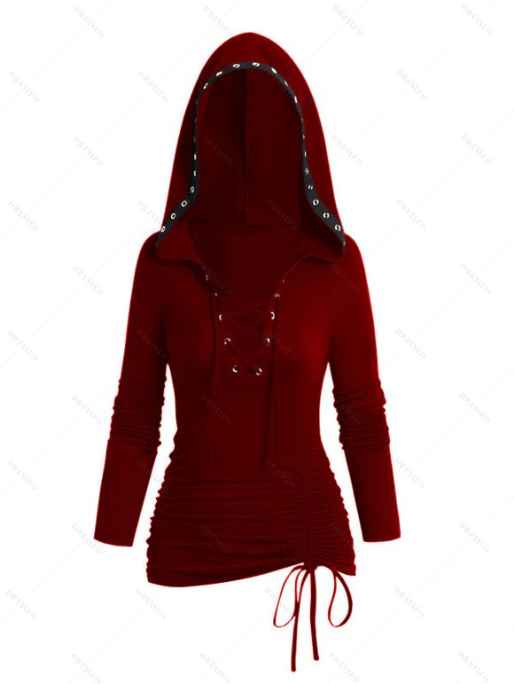 Sweat à capuche à lacets de couleur unie, haut à manches longues et œillets cintré - Rouge Vineux XL | US 12