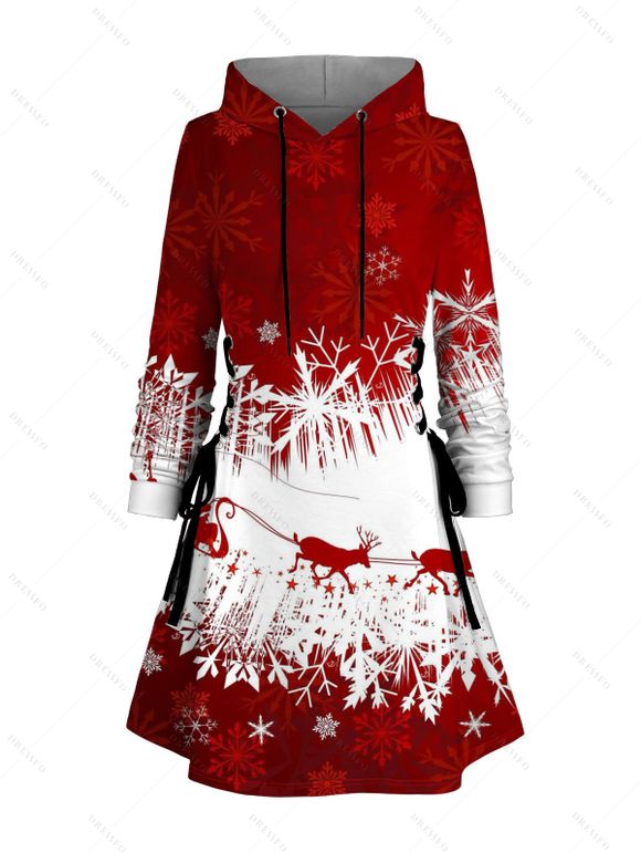Robe à capuche de Noël à imprimé flocon de neige colorblock Robe à capuche à lacets - Rouge Vineux XXXL | US 16