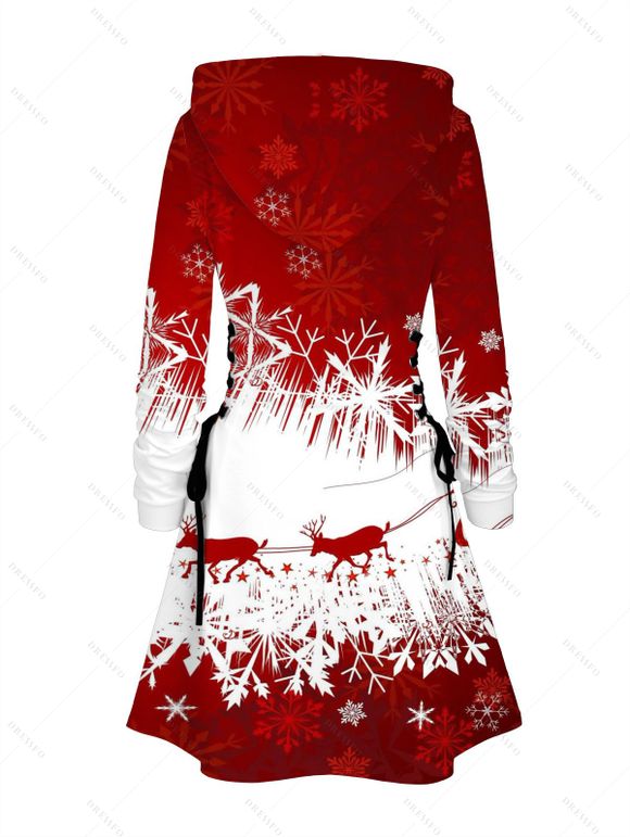 Robe à capuche de Noël à imprimé flocon de neige colorblock Robe à capuche à lacets - Rouge Vineux XXXL | US 16