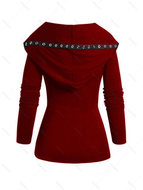 Sweat à capuche à lacets de couleur unie, haut à manches longues et œillets cintré - Rouge Vineux S | US 4
