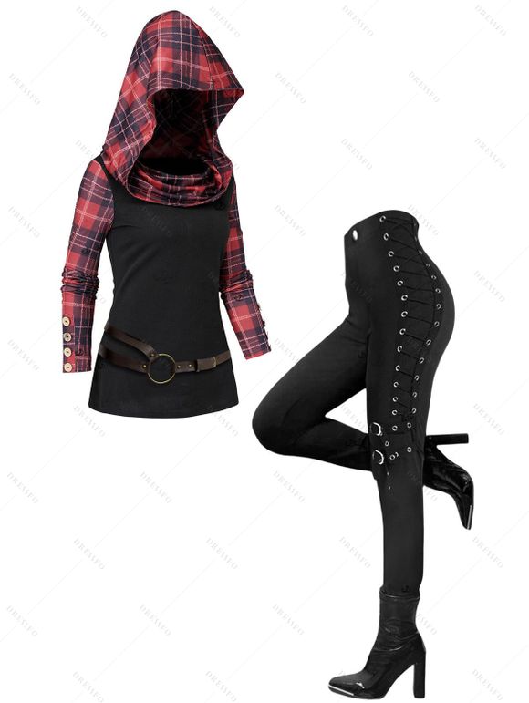 Women Outfit Plaid Panel Long Sleeve Hooded Top and Grommet Pants Set - Noir S | US 4