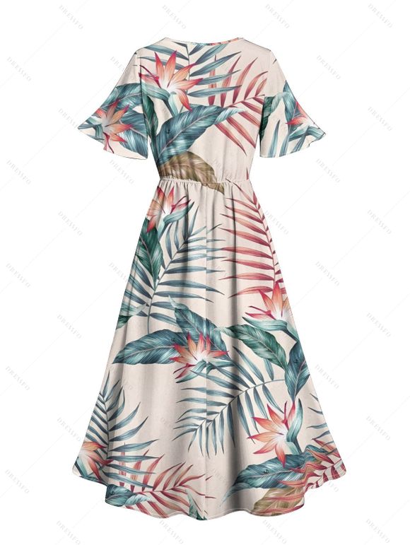Robe de vacances à imprimé floral et feuilles, robe à manches évasées fendues - Rose XL | US 12