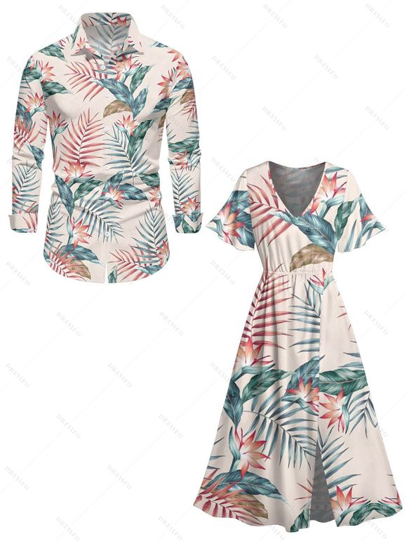 Vacation Couple Outfit Floral Leaf Print Dress Slit Flare Sleeve Dress and Shirt Set - Rose S | US 4