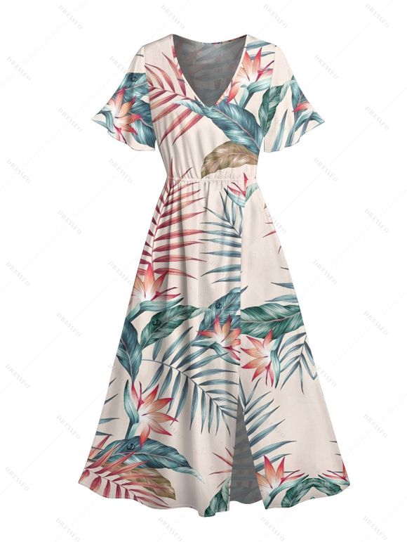 Vacation Couple Outfit Floral Leaf Print Dress Slit Flare Sleeve Dress and Shirt Set - Rose S | US 4