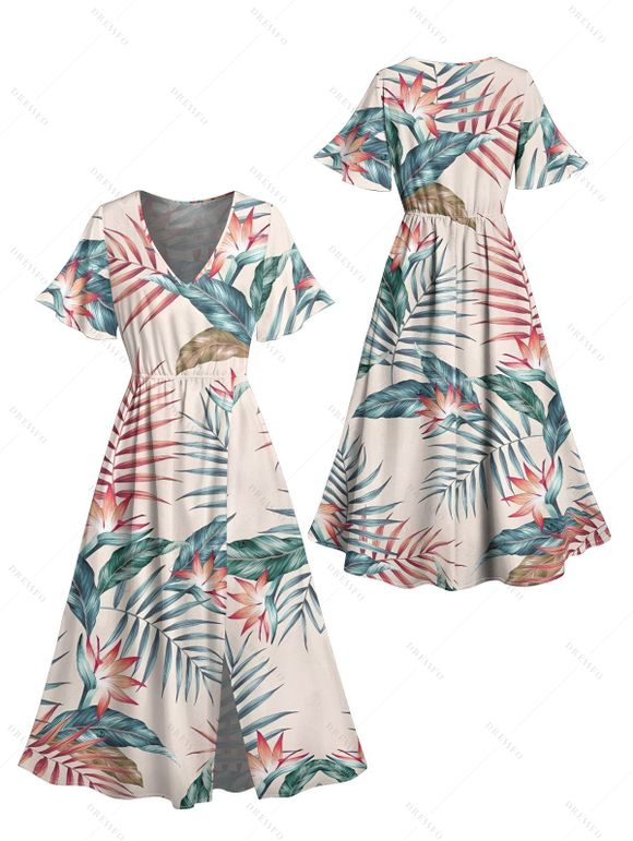 Vacation Couple Outfit Floral Leaf Print Dress Slit Flare Sleeve Dress and Shirt Set - Rose S | US 4