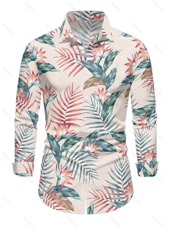 Chemise de vacances pour homme, imprimé floral et feuilles, à manches longues et boutonnée - Rose 5XL