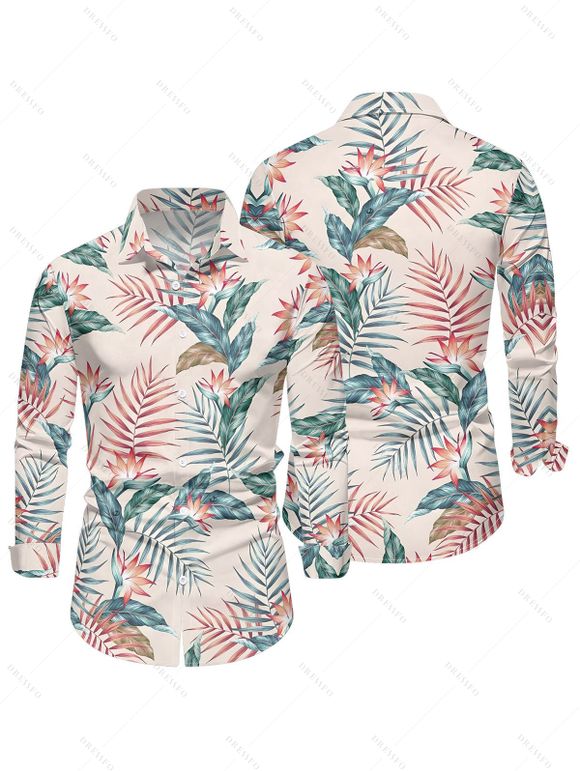 Chemise de vacances pour homme, imprimé floral et feuilles, à manches longues et boutonnée - Rose M