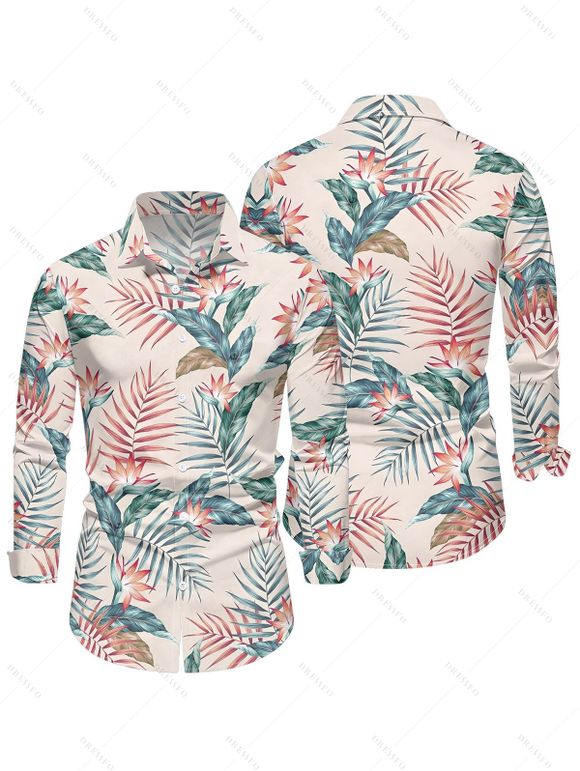 Vacation Couple Outfit Floral Leaf Print Dress Slit Flare Sleeve Dress and Shirt Set - Rose S | US 4