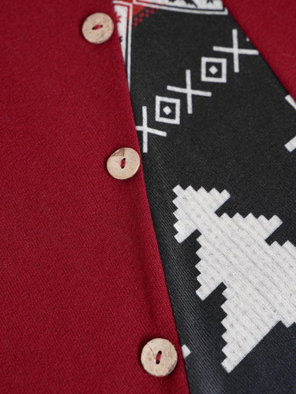 Mini Robe Ligne A en Blocs de Couleurs à Imprimé Flocon de Neige et Sapin de Noël à Manches Longues - Rouge foncé M