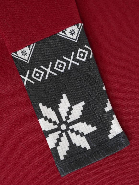 Mini Robe Ligne A en Blocs de Couleurs à Imprimé Flocon de Neige et Sapin de Noël à Manches Longues - Rouge foncé M