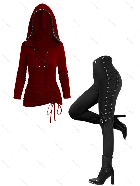 Women Outfit Lace Up Cinched Hoodie Top and Grommet Pants Set - Rouge Vineux S | US 4