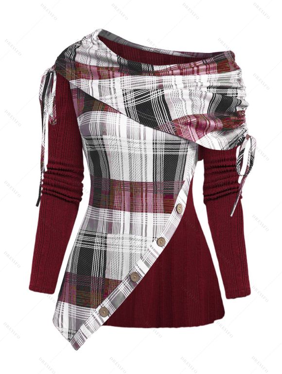 Haut en tricot côtelé à empiècements imprimés à carreaux et épaules asymétriques cintrées - Rouge Vineux M | US 6