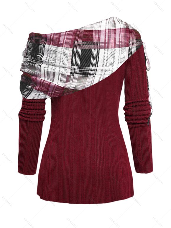 Haut en tricot côtelé à empiècements imprimés à carreaux et épaules asymétriques cintrées - Rouge Vineux M | US 6