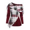 Haut en tricot côtelé à empiècements imprimés à carreaux et épaules asymétriques cintrées - Rouge Vineux XL | US 12