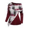 Haut en tricot côtelé à empiècements imprimés à carreaux et épaules asymétriques cintrées - Rouge Vineux XL | US 12