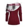 Haut en tricot côtelé à empiècements imprimés à carreaux et épaules asymétriques cintrées - Rouge Vineux XL | US 12
